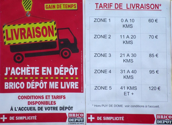 tarifs de livraison brico dépot