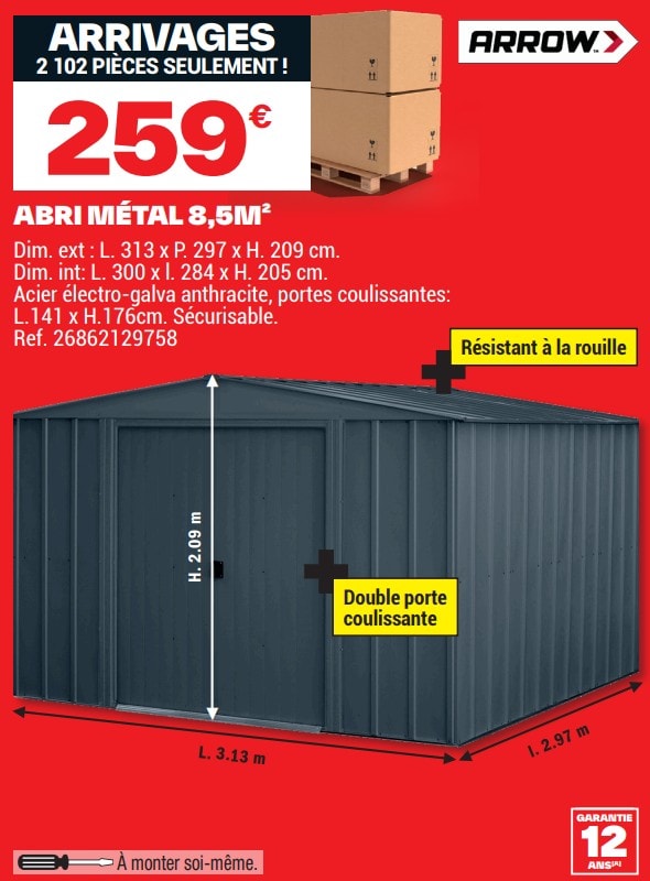 abri de jardin en métal à 259€ dans le nouveau brico depot catalogue des arrivages avril 2026