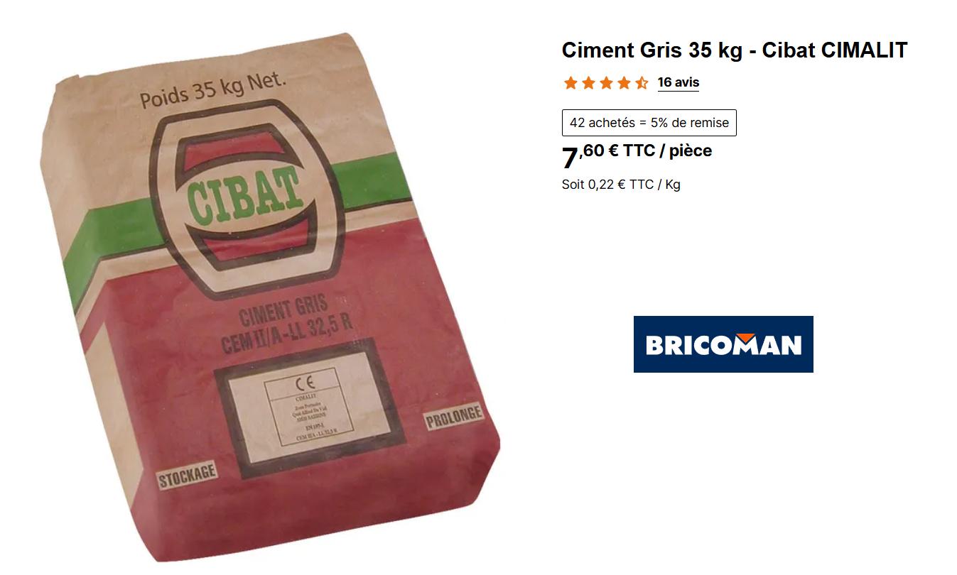 Prix du ciment Bricoman