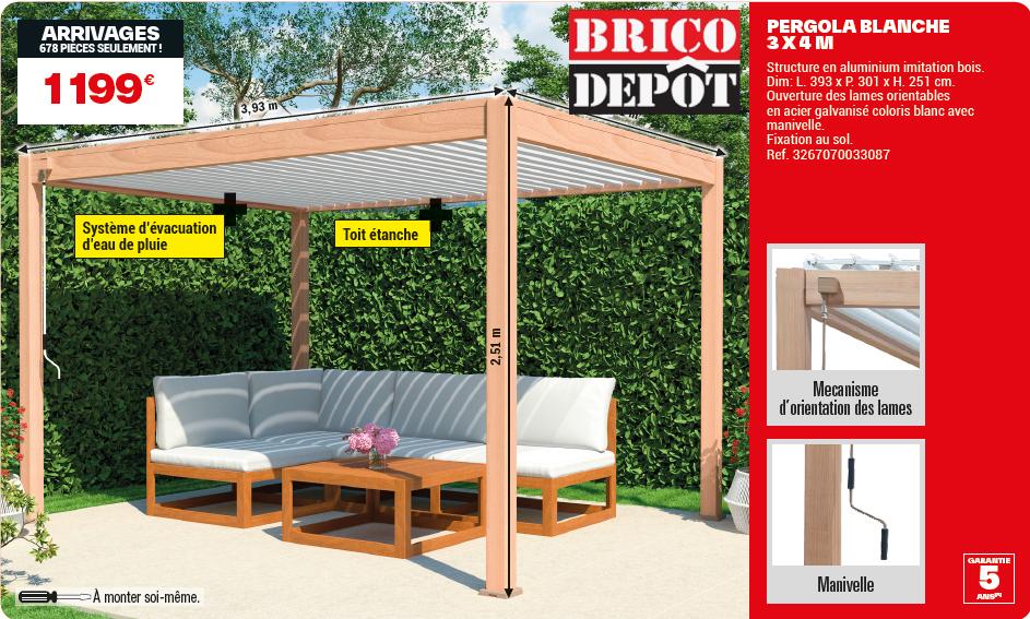 arrivage brico dépôt de pergola bioclimatique en avril 2026