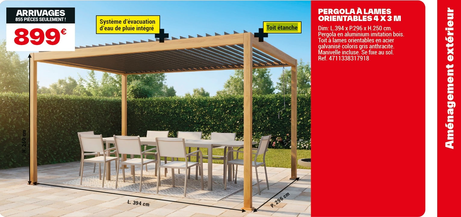 Présentation d'une pergola bioclimatique dans le dernier brico dépôt catalogue 2026